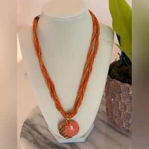 Boho Orange Moon & Rhinestone Peacock Pendant Glass Bead Twist Woven Necklace